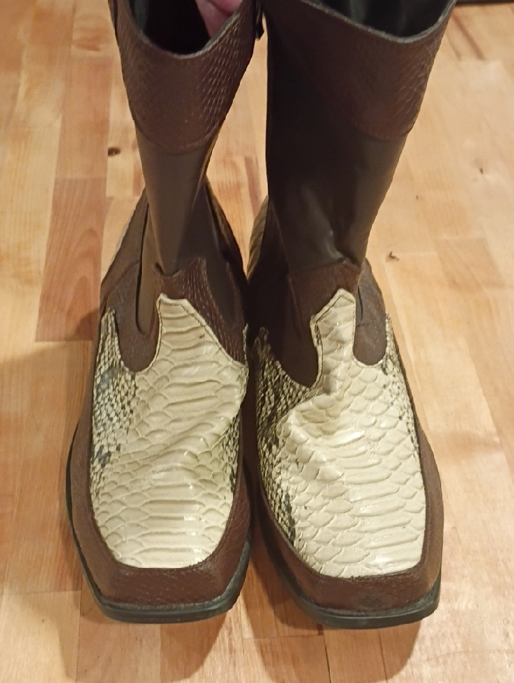 Men's Brown and Cream Snake Skin Western-Style Leather Boots
